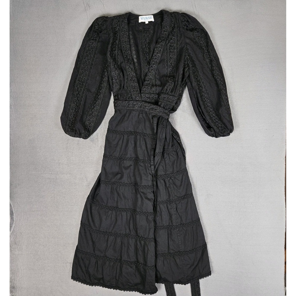 Waimari Aurora Midi Dress Womens Small Lace Trim Cot5on Embroidered Black